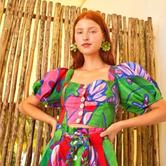 FARM RIO Anthropologie Tropical Bunch Puff Balloon Sleeve Cropped Blouse Top - Picture 2 of 9